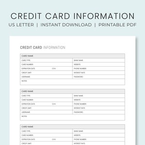 Suivi des informations de carte de crédit | Détails du compte de carte de crédit | Journal du compte de crédit imprimable |  Téléchargement instantané