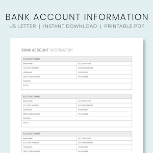 Rastreador de información de cuenta bancaria imprimible / Registro de cuenta financiera / Planificador financiero / Rastreador de detalles de cuenta / Descarga instantánea