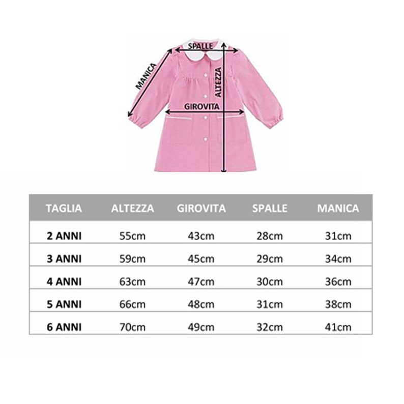 Puede incluir: Una tabla de tallas para ropa de ni&ntilde;os con medidas en cent&iacute;metros para la altura, la cintura, los hombros y la longitud de la manga. La tabla muestra las tallas para las edades de 2 a 6 a&ntilde;os.