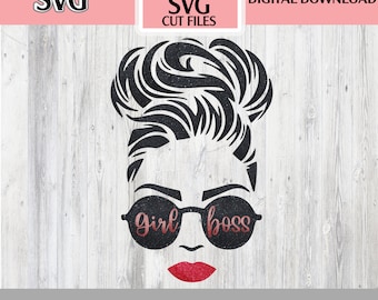 May include: Black and white silhouette of a woman with a messy bun, wearing sunglasses that say "girl boss". The image has a glitter effect.