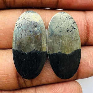 May include: Two oval-shaped gemstones with a unique color pattern. The top portion of each stone has a speckled, metallic appearance in shades of silver and gray. The bottom half is a solid, dark black. The stones are held in a hand.
