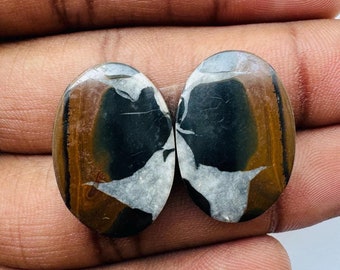 May include: Pair of oval-shaped cabochon gemstones with a black, white, and brown swirling pattern.