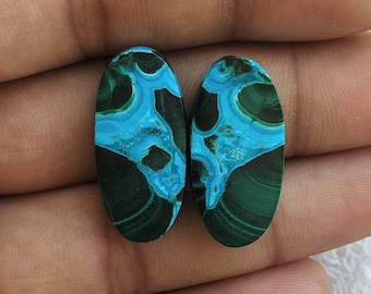 Chrysocolla Malachite Gemstone Pair: Oval Jewelry Making Stones (27X12X3 mm)
