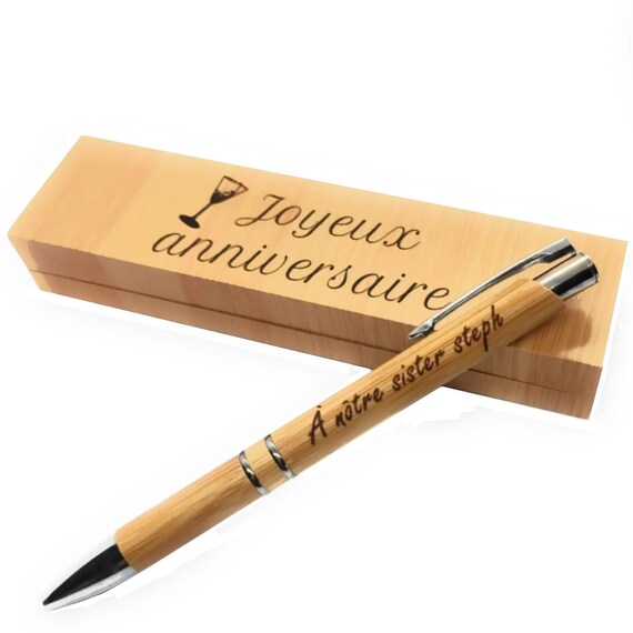 Stylo En Bois Luxe Personnalisé Bambou + Coffret Gravé – Cadeau Original Gravure Texte, Message Unique, Anniversaire, Mariage, Retraite, Fête Des Pères/Mères