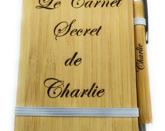 Carnet personnalisé, couverture en bambou, journal personnel en bois gravé  cadeau utile, stylo inclus