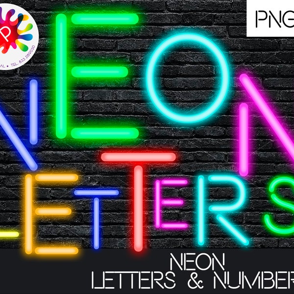 Neon Letters and Numbers Clipart, Neon Letters Clipart, Blue, Green, Cyan, Purple, Yellow and Red Font PNG GLOW!