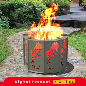 May include: A metal fire pit with a decorative rose design. The fire pit is in a garden setting with a stone path and green grass.