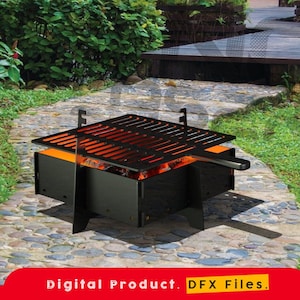 May include: Black metal fire pit with a grill grate and a handle. The fire pit is sitting on a stone path in a garden setting.
