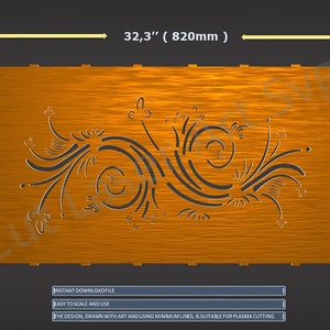 May include: A digital design file for a decorative wall panel with a swirling floral pattern. The panel is 32.3 inches wide and 17.7 inches tall. The design is suitable for plasma cutting.