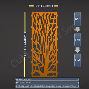 May include: A digital download of a tree branch design, perfect for plasma cutting. The design is 84 inches tall and 36 inches wide. The design is available in DXF, SVG, and PNG formats.