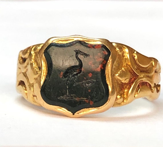 Antique bloodstone signet ring 18ct gold stork UK