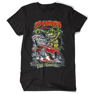 May include: Black t-shirt with a graphic print of a cartoon monster holding a red muscle car with the text "SS CAMARO" and "Full Throttle".