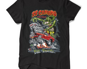 May include: Black t-shirt with a graphic print of a cartoon monster holding a red muscle car with the text "SS CAMARO" and "Full Throttle".