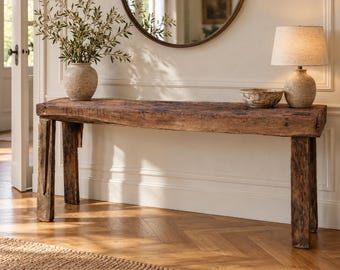 Ancien établi en bois massif – Console de métier rustique, plateau épais – 165 cm