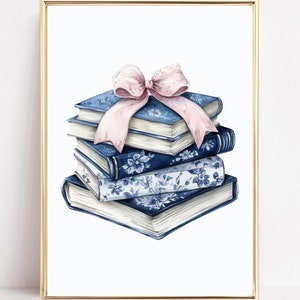 Vintage Book Lover Print Blue Floral Books Wall Art Stack Of Books Painting Trendy Blue Art Bookworm Digital Print Apartment Aesthetic