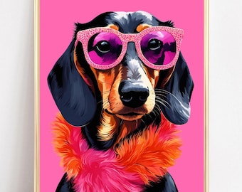 Könnte beinhalten: Ein Dackel mit rosa Sonnenbrille und einem rosa-orangenen Pelzschal vor einem rosa Hintergrund.