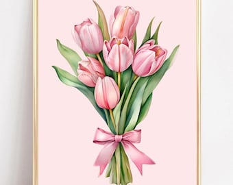 Pink Tulip Wall Art Print Pink Tulip Painting Coquette Wall Decor Tulips Pink Bow Printable Preppy Pink Prints Girly Aesthetics Digital Art
