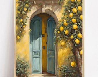 Arte de parede mediterrânea, impressão artística de limoeiro, arte italiana de limão, impressão colorida da Grécia, porta azul rústica, impressão digital da Itália, decoração mediterrânea