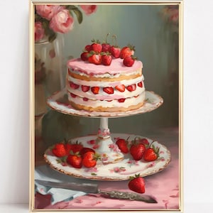 Vintage Cake Art Print Retro Cake Wall Art Coquette Pink Cake Poster Strawberry Cake Painting Pretty Pink Kitchen Art Coffee Shop Aesthetics