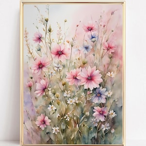 Pastel Wildflowers Art Print Pink Wildflower Painting Pink Landscape Wall Art Printable Vintage Floral Print Meadow Flowers Digital Art