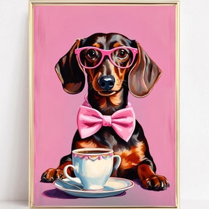 Dachshund With Coffee Art Print Dachshund Wall Art Coffee Lover Art Dog kitchen Poster Funny Dog Painting Dog Lover Gift Kitchen Wall Decor