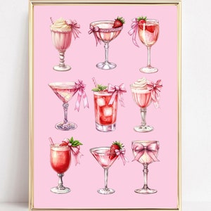 Pink Cocktail Art Print Pink Bar Cart Printable Retro Watercolor Champagne Poster Cute Wine Wall Art Pink Drinks Art Preppy Girly Aesthetic