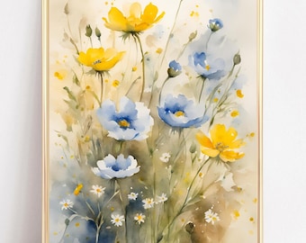 Cuadro de acuarela de campo de flores silvestres, arte imprimible, póster botánico de prado de primavera, impresión de arte floral en acuarela, obra de arte de flores coloridas