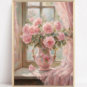 Pink Coquette Flowers Wall Art Floral Vintage Oil Painting Coquette Room Decor Peonies Vase Art Printable Girly Cottagecore Spring Art Print