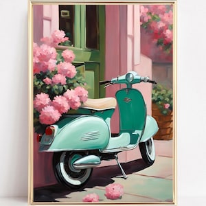 Retro Vespa Italian Art Print Pink Preppy Italy Vespa Scotter Painting Italy Coastal Print Retro Floral Wall Art Travel Poster Girly Art