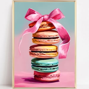 Macaron Art Print Pastel Wall Art French Macaron Art Pink Food Poster Pink Bow Coquette Aesthetic Kitchen Painting Foodie Gift Girlie Decor