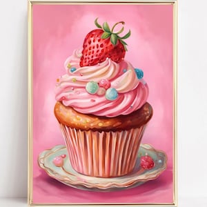 Cupcake Wand Kunst Druck Rosa Kuchen Poster Rosa Kuchen Gemälde Kuchen Küche Druck Aquarell Retro Dessert Printable Vintage Food Art