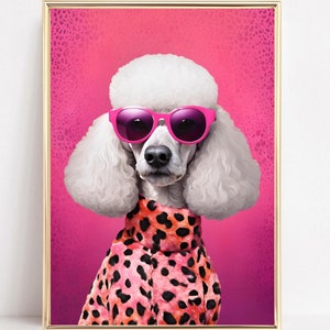 Impression d'art caniche rose art mural chien preppy poster chien rose portrait animalier funky Decor girly art éclectique maximaliste image imprimable caniche
