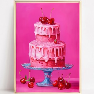 Cake Wall Art Prints Cherry Cake Coquette Print Retro Cake Poster Kitchen Painting Trendy Cute Decor Vintage Cake Art Valentines Day Decor