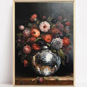 Póster de bola de discoteca con diseño de jarrón, arte imprimible, estilo cottagecore oscuro y melancólico, póster de bola de discoteca con diseño floral retro, estética maximalista ecléctica y funky