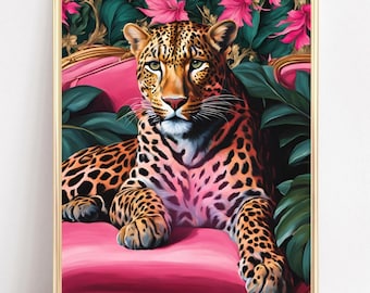 Leopard Lounging On A Luxury Sofa Art Print Leopard Wall Art PRINTABLE Cheetah Painting Luxurious Leopard Poster Maximalist Art Downloadable