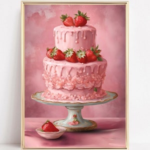 Cake Wall Art Print Strawberry Cake Printable Retro Cake Art Pink Art Print Vintage Cake Kitchen Decor Coquette Cake Painting Digital Art