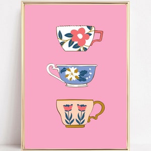 Tea Cups Print Tea Mug Poster Tea Wall Art Colorful Kitchen Poster PRINTABLE Coffee Tea Bar Decor Trendy Kitchen Print Pink Coffee Art