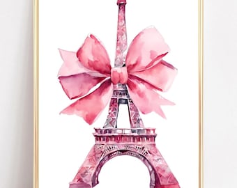 Paris Wall Art Print Eiffel Tower Pink Painting Pink Bow Coquette Poster Parisian Wall Decor Paris Pink Art Watercolor Bow Girly Aesthetic