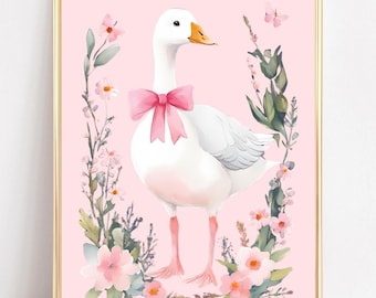 Vintage Goose Wall Art Print Cute Goose Nursery Art Cottagecore Goose Printable Goose Poster Pink Coquette Decor Girls Room Bow Print