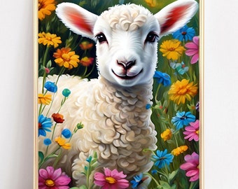 Spring Lamb Wildflowers Art Print Easter Lamb Wall Art Spring Decor Spring Nursery Art Easter Wall Printable Christian Decor Digital Print