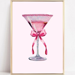 Pink Martini Cocktail Glass Art Print Pink Bar Cart Decor Pink Coquette Bow Wall Art Preppy Balletcore Aesthetic Girly Pink Printable Art
