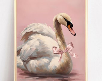 ピンクのリボンが付いた美しい白鳥の絵画またはキャンバス