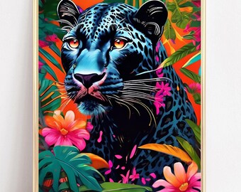 Black Panther Printable Art Tropical Leopard Wall Art Floral Leopard Poster Eclectic Animal Print Leopard Portrait Painting Maximalist Art