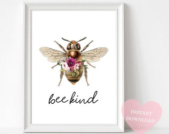 Bee Kind Print, Bee Print, Hommel, Be Kind Print, Bee Happy, Bloemen, Quote Prints, Positieve Citaten, Wanddecoratie, Inspirerende citaten