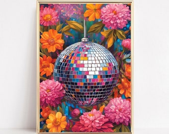 Botanical Disco Ball Poster Maximalist Printable Disco Ball Art Print Colorful Retro Dopamine Art Trendy Vintage Eclectic Disco Wall Decor
