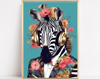 Colorful Zebra Portrait Print Eclectic Zebra Printable Animal Portrait Art Floral Zebra Fun Animal Poster Zebra Painting Funky Animal Prints