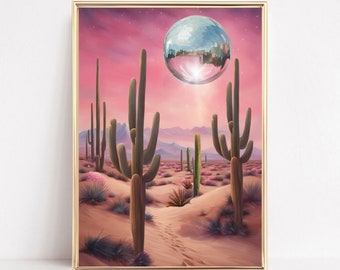 Disco Ball Cactus Art Print Retro Cactus Printable Trendy Retro Desert Art Funky Disco Poster Preppy Dorm Room Decor Western Cowgirl Art