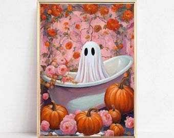 Ghost Wall Art Print Halloween Wall Art Ghost In The Bath Cute Halloween Bathroom Art Pink Ghost Portrait Floral Spooky Digital Download