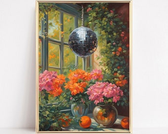 70s Disco Ball In Conservatory Art Print 1970s Style Disco Ball Retro Interior Decor 70s Mirror Ball Wall Art Groovy Vintage Aesthetic