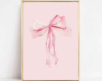 Pink Bow Preppy Art Print Trendy Watercolor Bows Wall Art Coquette Room Decor College Apartment Aesthetic Pink Bow Printable Art Pink Decor